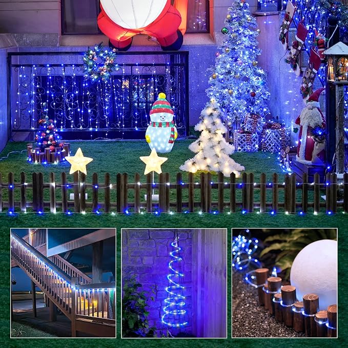 JMEXSUSS 2 Pack Rope Lights Battery Operated Christmas Lights Outdoor | Total 200LED 66ft 8 Modes Battery Powered String Lights with Remote, Blue and White String Light for Christmas Decor