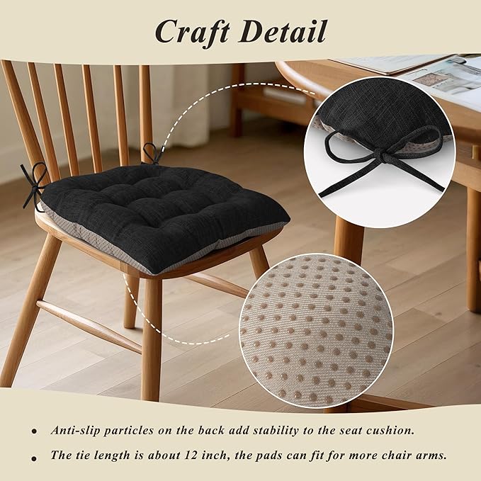 Chair Cushions for Dining Chairs Set of 4 Durable D-Shaped Seat Cushions with Non-Slip Backing Secure Ties Thick Cozy Seat Pad for Kitchen Dining Room Office(18x16.5x3in Black)