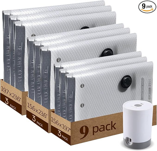 9 Packs Jumbo Vacuum Storage Bags With Vacuum Pump Extra Large Compression Bags for Clothes Bedding, Space Saver for House Moving & Home Organization, Travel Luggage Organizers