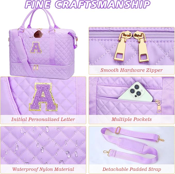 Gifts for Teen Girl Initial Travel Duffle Bag Quilted Weekender Bags Carry-On Overnight with Cosmetic Bag, Gym Bag with Shoe Compartment Hospital Bag for Women Labor Delivery, Purple-A