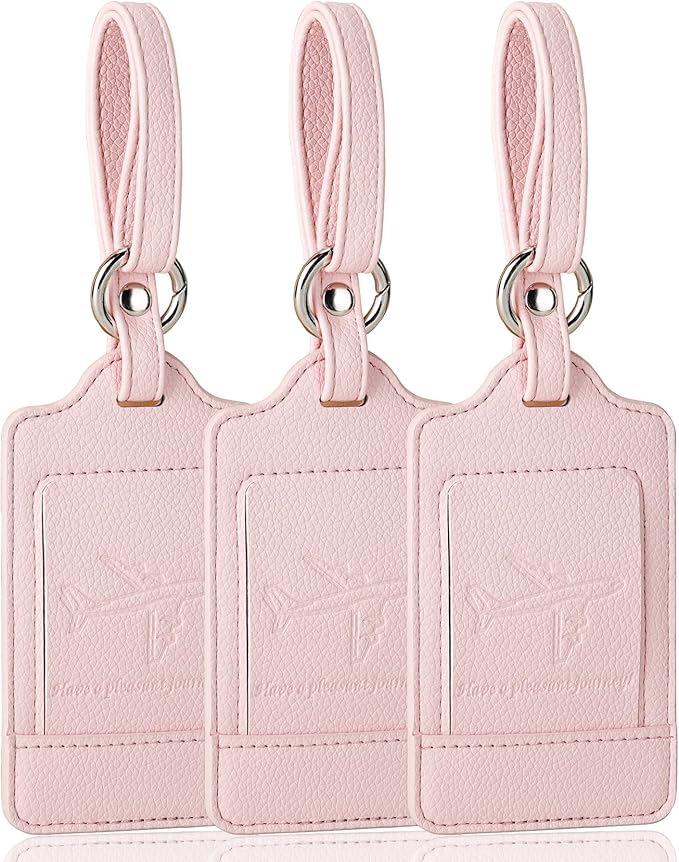 3 Pack Luggage Tags - Quick Install, Privacy Protection, Airplane Travel Essentials for Suitcases, Durable Leather - Lichee Light Pink