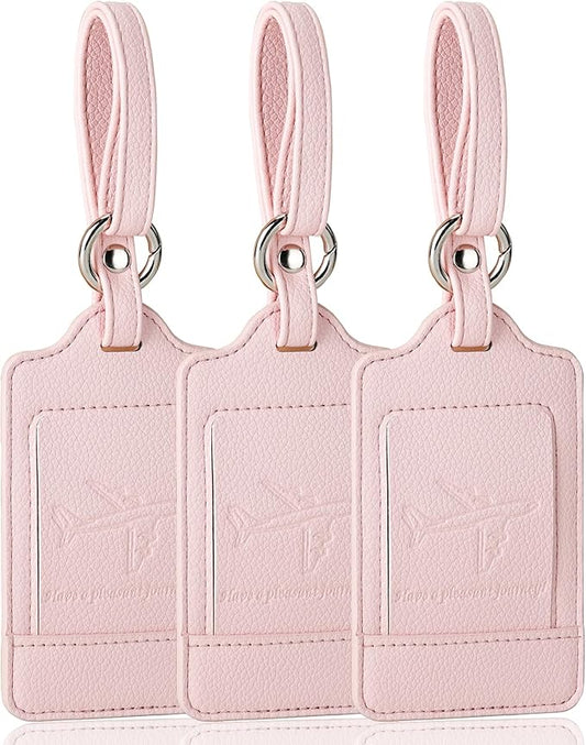 3 Pack Luggage Tags - Quick Install, Privacy Protection, Airplane Travel Essentials for Suitcases, Durable Leather - Lichee Light Pink