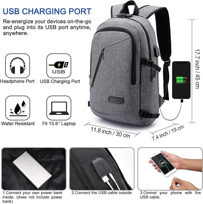 WENIG Laptop Backpack,Business Travel Anti Theft Backpack for Men Women with USB Charging Port,Slim Durable Water Resistant Computer Backpack Fits 15.6 Inch Laptop Notebook,Grey