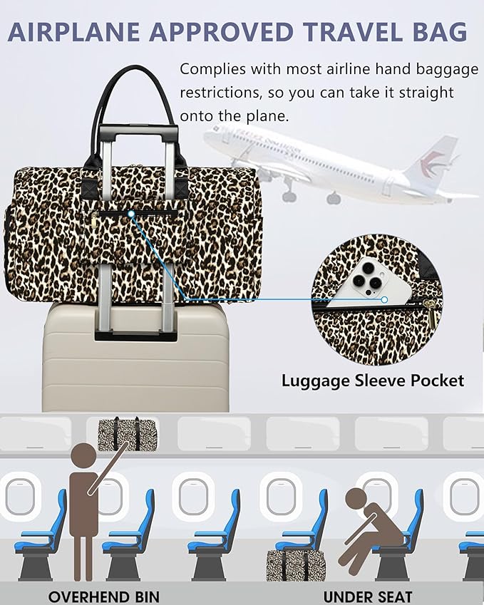 Women Weekender Travel Duffle Bag: Travel Duffel Overnight Bags with Shoe Compartment Large Carry on Tote with Toiletry Bag Weekend Traveling Yoga Gym Hospital Bag for Women with Wet Pocket Cheetah