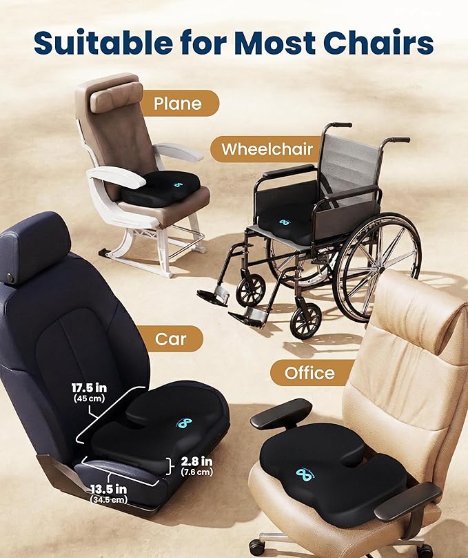 Everlasting Comfort Doctor Recommended Memory Foam Seat Cushion for Office Chairs & Car - Ergonomic Office Desk Accessories - Cushions for Tailbone Pain Relief, Sciatica (Black Cool, Large)