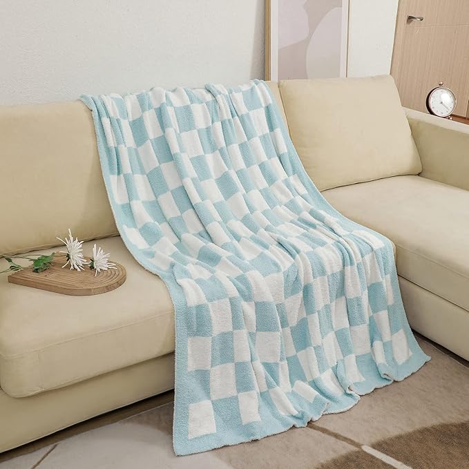 bearberry Fuzzy Checkerboard Grid Throw Blanket Knitted Soft Cozy Warm Microfiber Blanket Decor for Couch Sofa Bed Travel Home (Baby Blue, 40''x50'')