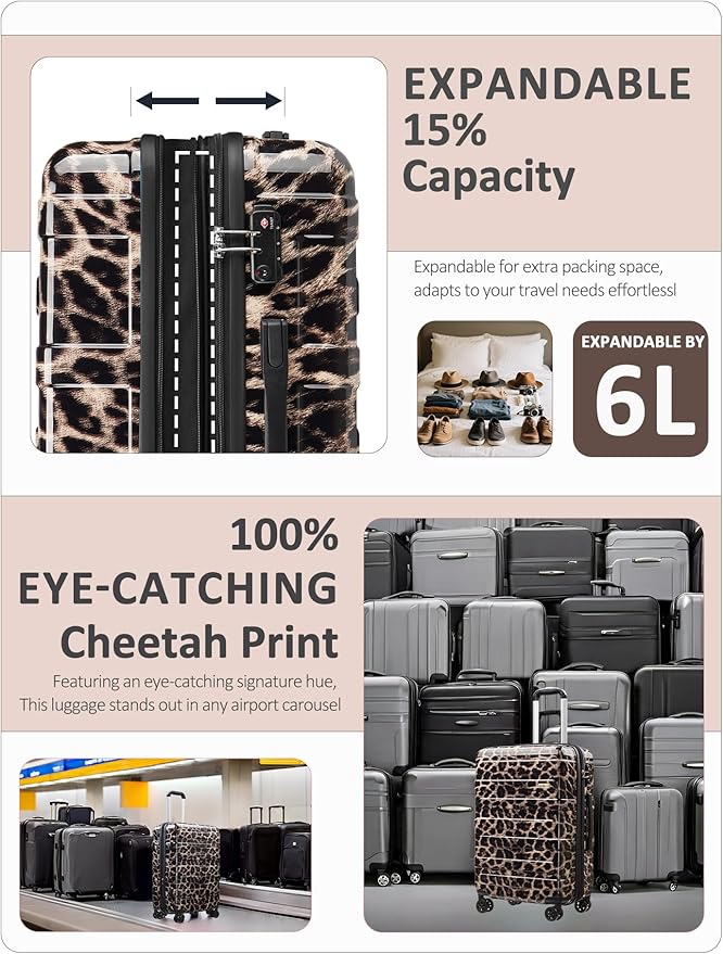 Tolino Carry on Luggage 22x14x9 Airline Approved-20 Inch Hardside Suitcase with Wheels TSA Lock, PC+ABS Lightweight Carry on Suitcases for Women and Men Cheetah Print