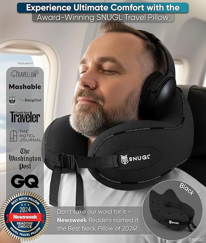 SNUGL Travel Pillow – Neck Pillow Airplane, Travel Pillows for Airplanes, Neck Pillows Memory Foam – Road Trip Essentials for Adults – Traveling Essentials - Gifts for Travelers Men & Women
