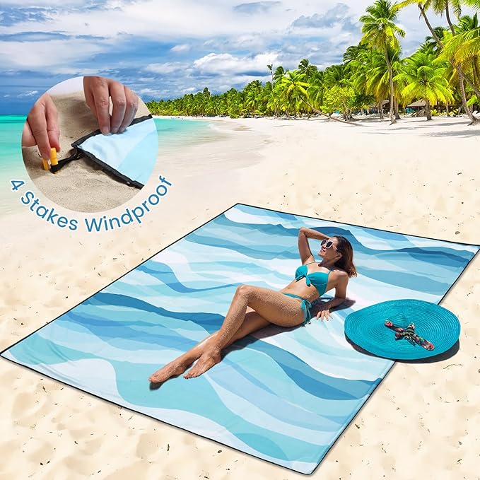 Beach Blanket Waterproof Sandproof Beach Mat for 1-8 Adults Quick Drying Durable Outdoor Picnic Mat for Beach Festival Travel Camping Hiking (Ocean Wave-Multi Blue, 79"×83"(4 Person))