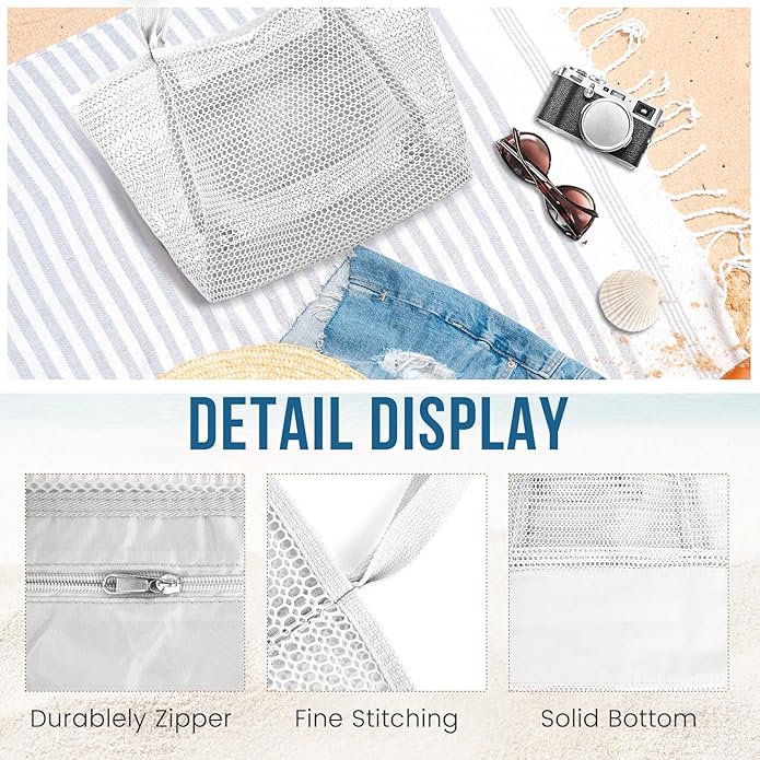 Beach Bags for Women, Summer Travel Mesh Tote Bag with Large Inner Pocket, Sandproof Woven Shoulder Handbag
