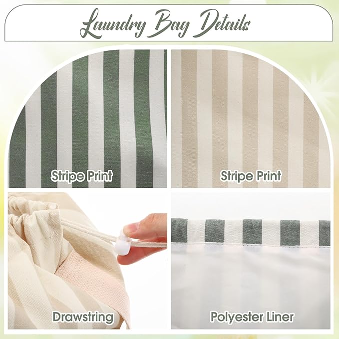 SATINIOR 2 Pcs Stripe College Laundry Bag Green Beige Canvas Travel Laundry Bags with Drawstring Shoulder Straps 29" x 18" Washable Dirty Clothes Hamper Organizer for Dorm Laundromat Apartment Camping