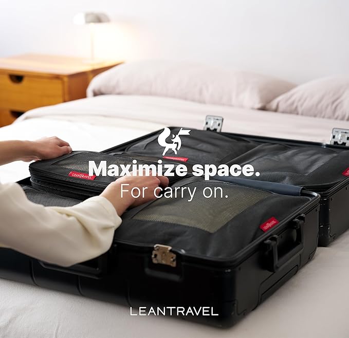 LeanTravel Premium Compression Packing Cubes for Travel - Suitcase Organizer Bags with Double Zipper & Breathable Mesh Panel - Space Saving Carry On Luggage Essentials (4-Pack, Black)