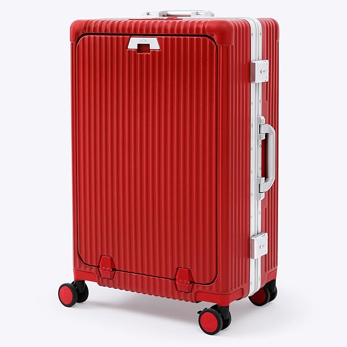 Nobl Travel Zipperless Check In Suitcase - Aluminum Frame, Medium Check In luggage 27x17.5x10.4 Airline Approved by Noble Travel - Polycarbonate Shell - TSA Locks, 360° Spinner Wheels - Cherry Red