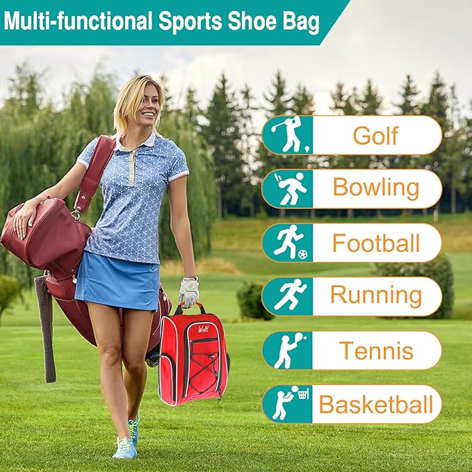 Wolt Golf Shoe Bag - Sports & Travel Shoes Carrier Bags with Ventilation & Double Outside Accessory Pocket for Socks, Tees, Golf Balls, Etc. for Women and Men (Red)