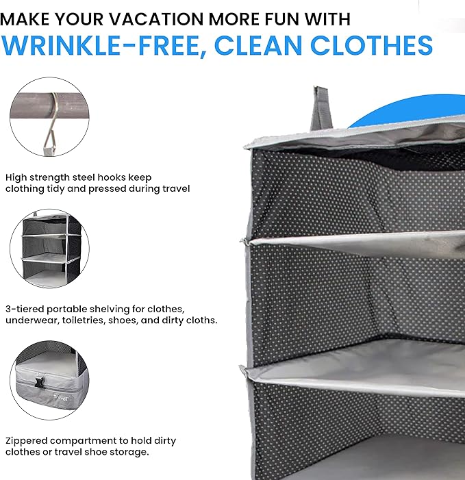Grand Fusion Stow-N-Go Portable Hanging Travel Shelves, Packing Organizer for Luggage. Carry on Closet with Hanger for Clothes. Expandable Packing Cube. Travel Essentials, Light Gray - L