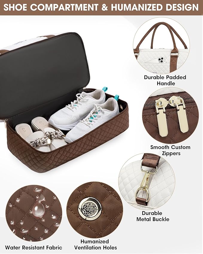 Weekender Bags for Women Travel Bag - Duffle Bag with Shoe Compartment Carry on Overnight Bag for Women Hospital Bags for Labor and Delivery 2Pcs Set Beige Brown