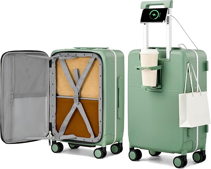 Hanke 20 Inch Top Opening Carry On Luggage, Hard Shell Suitcase with Cup Holder,USB Charging Port, Aluminum Frame with TSA Lock, 8 Spinner Wheels, Dry-Wet Separation & Removable Dividers,Forest Green