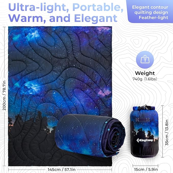 KingCamp Ultralight Camping Blanket, Packable Down Alternative Puffy Printed Wearable Blanket with Snap Buttons & Corner Loops Weatherproof Quilt for Outdoor Travel Stadium (78.7"L x 57.1"W)