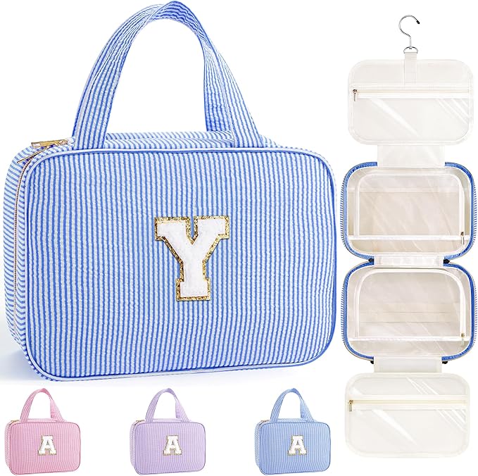 TOPEAST Travel Toiletry Bag for Women - Hanging Toiletry Bag Makeup Bag, Portable Toiletries Cosmetic Bag, Airplane Travel Essentials - Letter Y, Blue