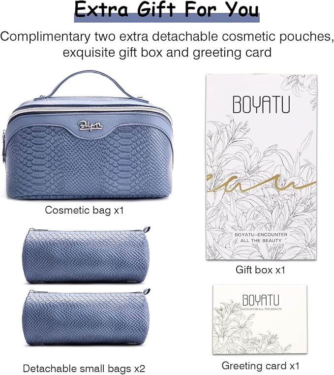 BOYATU Travel Makeup Bags for Women: 3 Pcs Set Wide Open Cosmetic Bag - Portable Make up Bags with Handle - Vegan Leather Toiletry Organizer Bag with Divider (G-05-Blue)