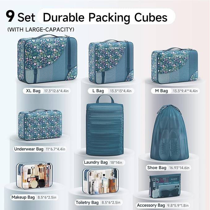 11 Set /9 Set Packing Cubes for Travel,Gifts for Women Mom Kids,TSA Approved Bags for Makeup,Cosmetic, Toiletry,Organizers for Suitcase Carry On,Cruise Essentials Airplane Accessories,Dark Blue Floral