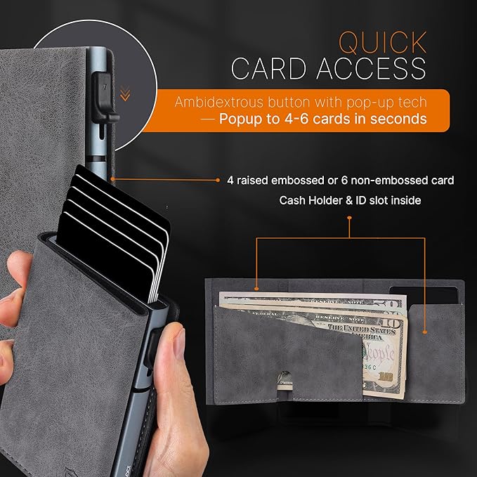 Conceal Plus Card Blocr Pop Up Wallet for Men - Slim Metal RFID Blocking Card Holder (4-6 Cards Ejector) - Minimalist Smart Front Pocket Wallet with Internal Cash + ID Storage
