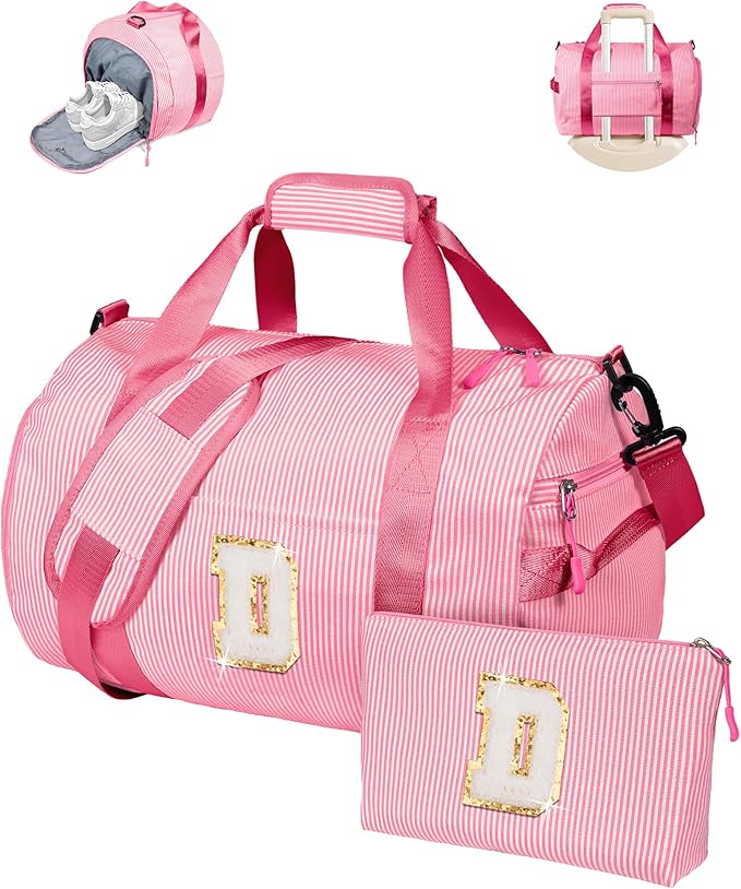 11 Year Old Girl Birthday Gifts, Girls Travel Duffle Bag, Kids Initial Overnight Bags with Shoe Compartment, Personalized Weekend Bag with Makeup Pouch, Trendy Stuff (Letter D)