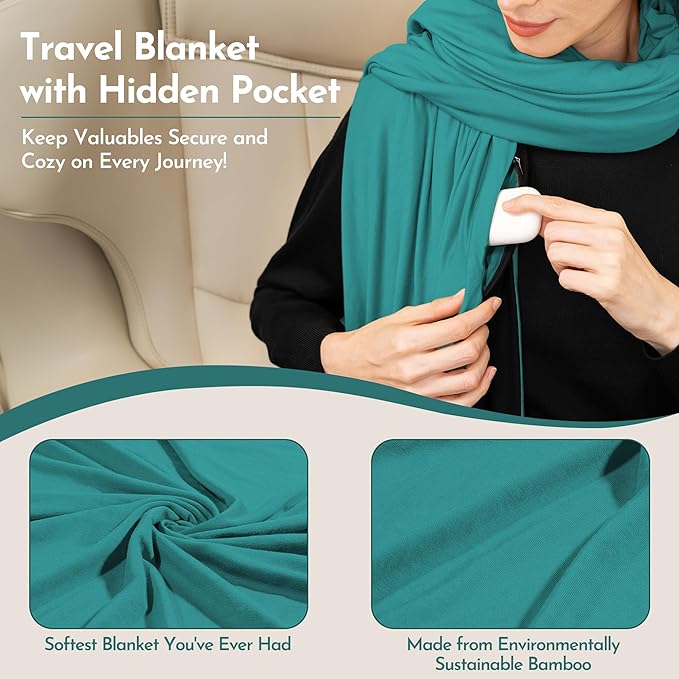 16-in-1 Compact Travel Blanket with Bag – Reversible, Ultra Soft Bamboo Airplane Blanket with Hidden Pocket – Packable for Flights & Travel Essentials (Semi-Weighted, Double Layer)