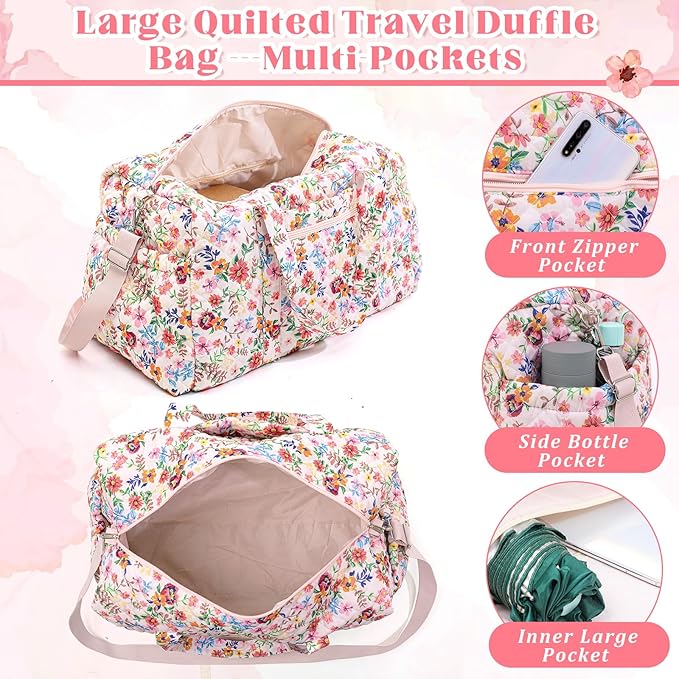 Large Quilted Travel Duffle Bag for Women Floral Portable Gym Weekender Bag with Zipper Pockets Workout Grocery Pouch Duffle Gift Pouch for Work(Pink Floral)