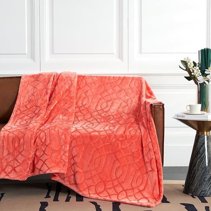 Soft Cozy Fleece Throw Blanket, 50x60 Inches – Lightweight Plush Blanket for Couch, Fuzzy 3D Jacquard Design, for Sofa, Bed & Travel - Coral