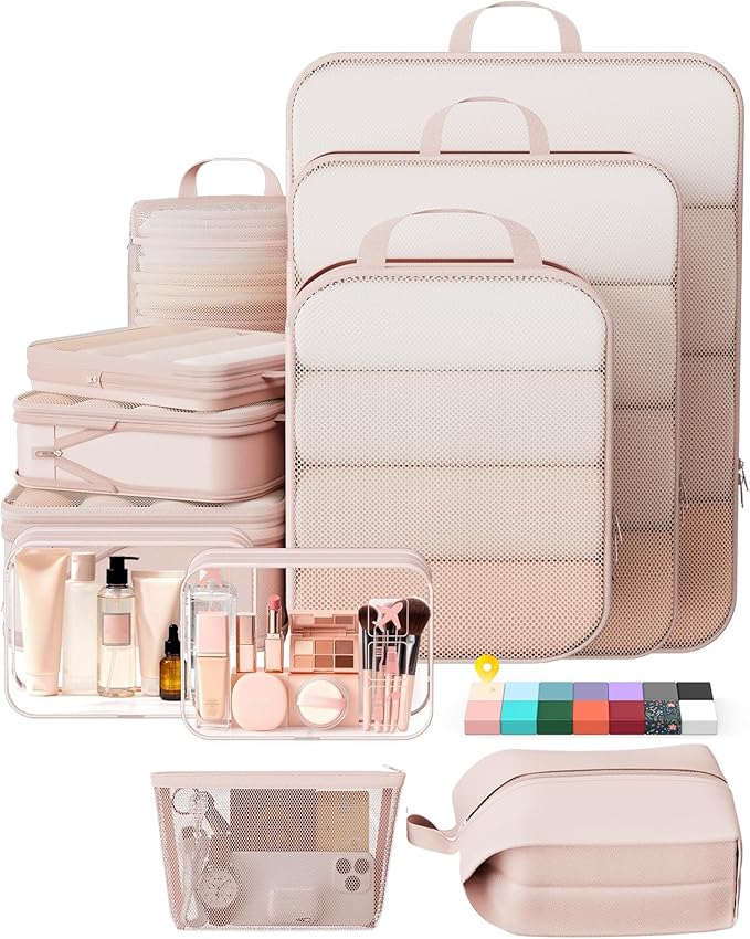 Veken 11 Set Compression Packing Cubes for Travel Essentials,Compressible Expandable Large Luggage Suitcase Organizer Bags for Clothing,Durable Space Saver Storage Bags with Toiletry Bags(Beige)