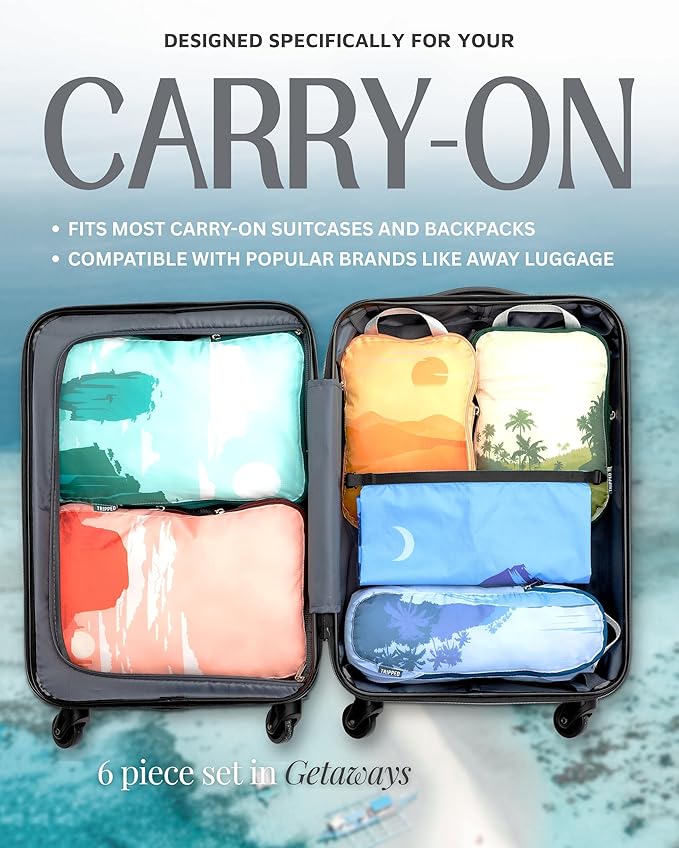 Compression Packing Cubes 6 Piece Set for Carryon Suitcases- Lightweight, Durable Clothes Organizer (Getaways)