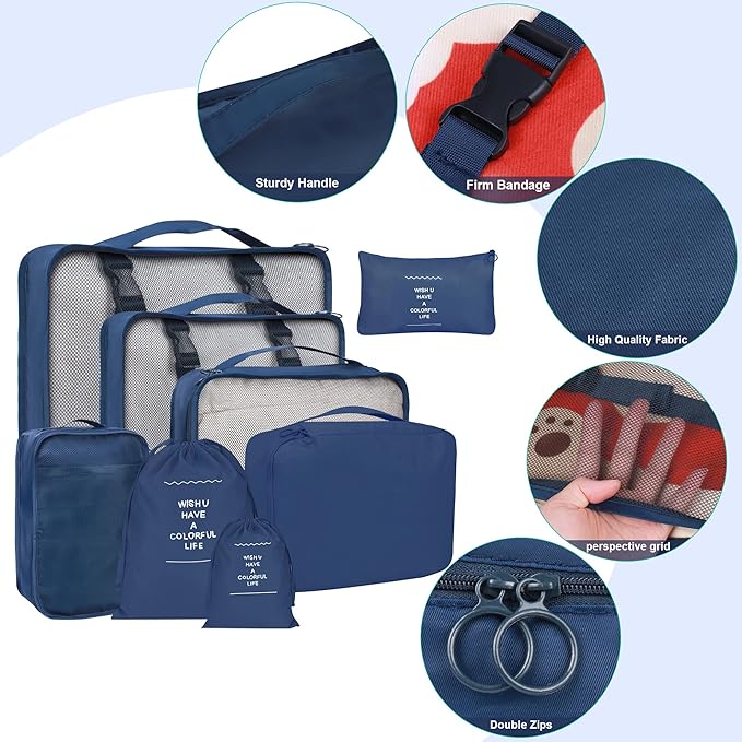 8 Set Packing Cubes for Suitcases, kingdalux Navy Blue Travel Luggage Packing Organizers with Laundry Bag, Compression Storage Shoe Bag, Clothing Underwear Bag, for Women & Man