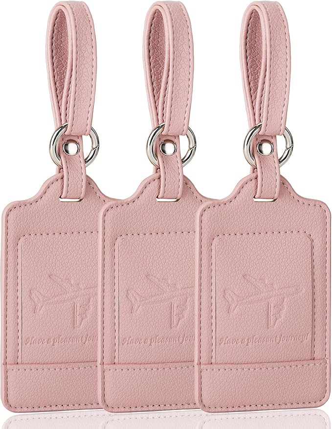 3 Pack Luggage Tags - Quick Install, Privacy Protection, Airplane Travel Essentials for Suitcases, Durable Leather - Lichee Dark Pink