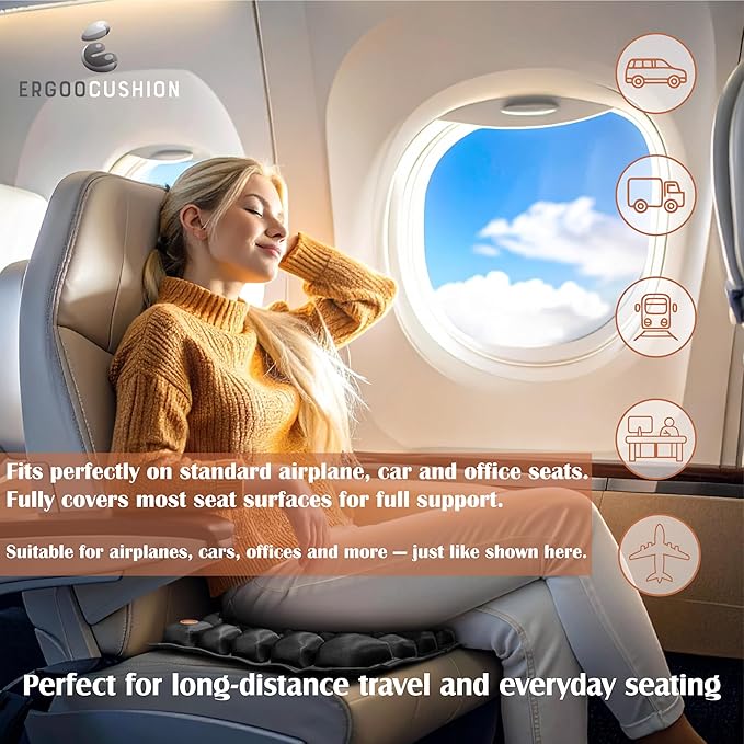 Inflatable Seat Cushion for Airplane & Travel – Portable Inflatable Pad with Built-in Pump, Adjustable Firmness, Tailbone & Back Pain Support, Carry Bag Included