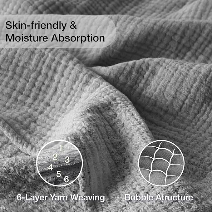 100% Cotton Muslin Blanket 50" x 60", Breathable and Lightweight Cotton Throw Blankets for Couch, Soft Cooling Summer Gauze Blanket for Adults All Season, Grey