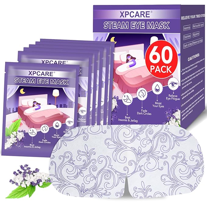 XPCARE 60 Pack Steam Eye Masks for Dry Eyes, SPA Warm Sleep Eye Mask, Disposable Heated Eye Mask for Dark Circles, Puffy Eyes, Relief Stress Eye Fatigue(Lavender)