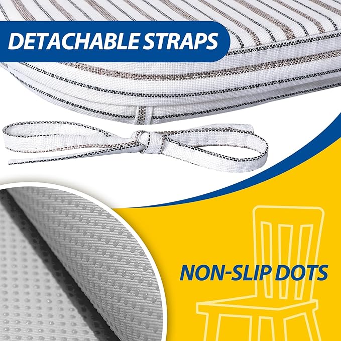 AAAAAcessories D-Shaped Chair Cushions, 2" Thick Dining Chair Pads with Ties and Removable, Machine-Washable Cover, 17" x 16", Set of 8, Pinstripe Brown