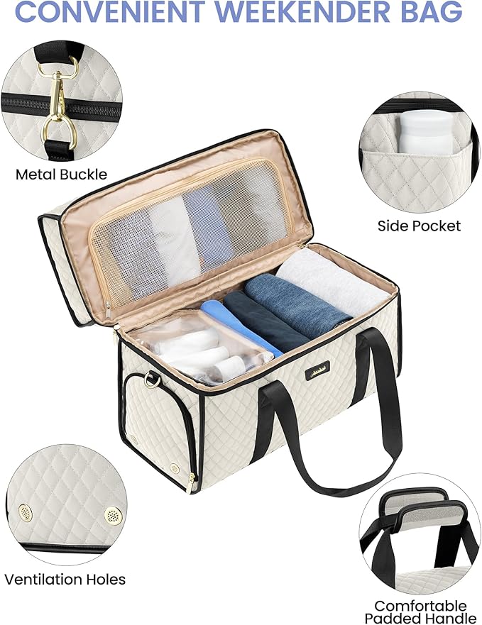 Weekender Travel Duffle Bag for Women: Overnight Bags with Shoe Compartment Carry on Bags for Airplanes with Toiletry Bag Weekend Yoga Gym Bag with Wet Pocket Travel Duffel Tote Bag Hospital Bag Beige