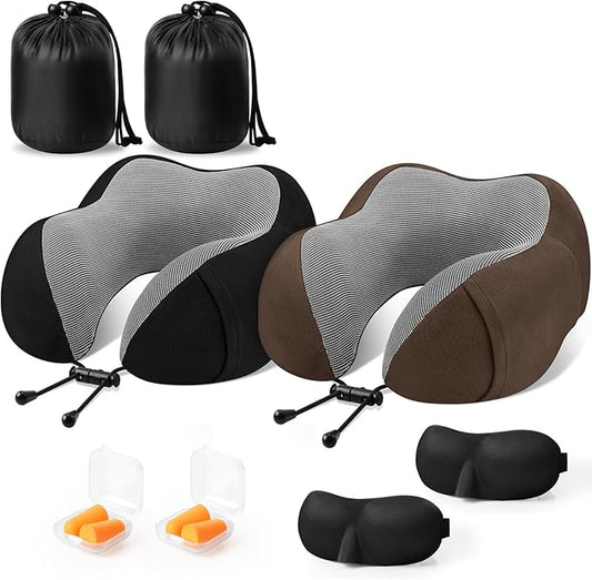 CloudBliss Travel Pillow Premium Memory Foam, Comfortable & Supportive Neck Pillow, Neck Pillows for Sleeping Travel, Airplane Pillow for Sleeping Airplane, Car, Office and Home（Black & Brown）