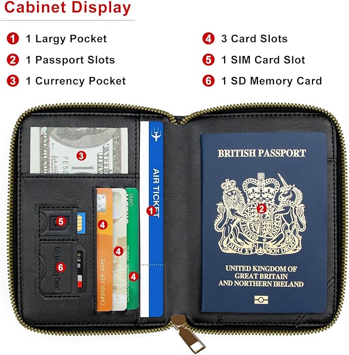 defway Passport Holder Travel Wallet - RFID Blocking Passport Holder Wallet, Full Zip Travel Card Cover with RFID Protection, Multi Slot Organizer for Cards Cash Documents Travel Essentials (Black)