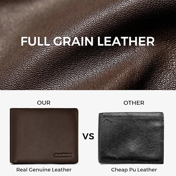 RUNBOX Leather Wallet for Men, Genuine Leather Mens Wallet Bifold Rfid Blocking with 12 Cards and 2 ID Windows, Minimalist Wallet for Men with Gift Box