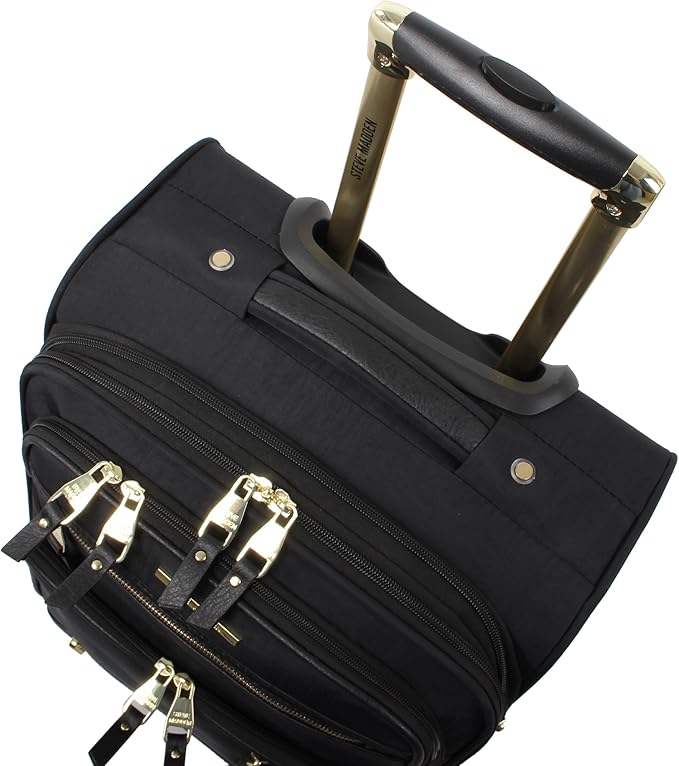 Steve Madden Designer-Gepckkollektion Leichter Softside-Koffer fr Damen und Herren strapazierfhige 50,8 cm groe Tragetasche mit 4 rollenden Spinner-Rdern, Peek-a-boo Black, 20in, Carry on Bag With