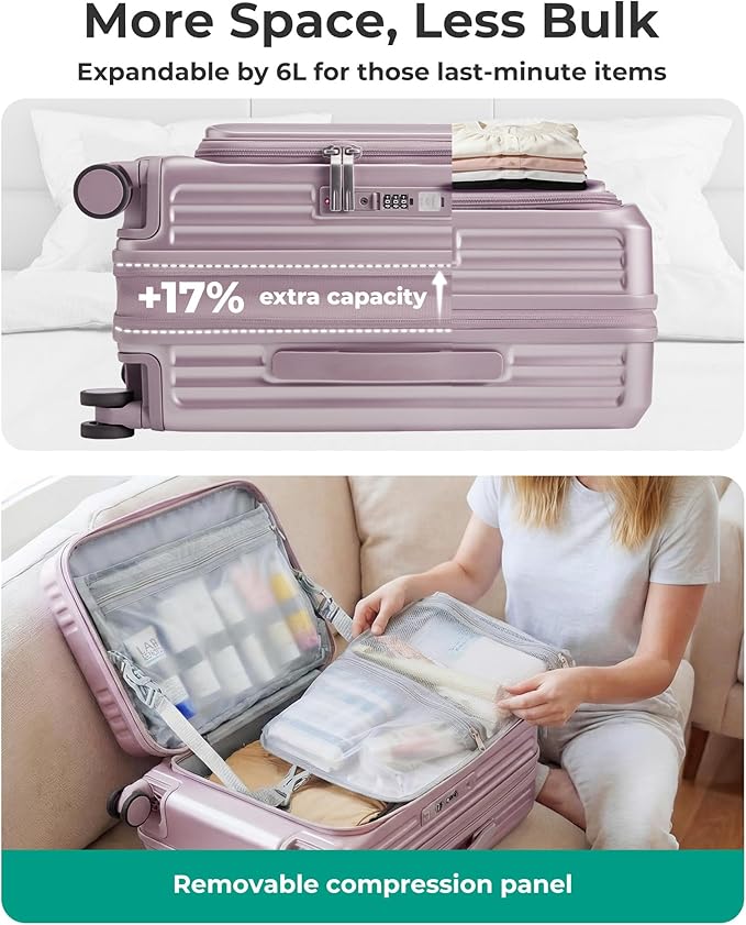 BAGSMART Top Opening Carry On Luggage 22x14x9 Airline Approved with TSA Lock, Expandable 20 Inch Deep Compartment Hard Shell Suitcases with Double Spinner Wheels, Purple