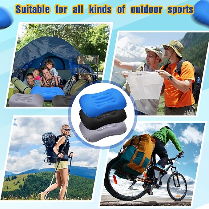 Yulejo 3 Pcs Inflatable Camping Travel Pillow Ultralight Inflating Pillows Lightweight Portable Backpacking Pillow for Neck Lumbar Support Camp Hiking Sleeping(Dark Gray, Black, Dark Blue)