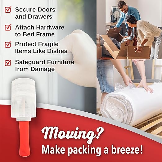 12 Pack Industrial Strength Mini Hand Stretch Wrap with 2 Plastic Handles, 60 Gauge Thick, 5" x 1000 Ft Roll, Shrink Wrap Roll for Moving Pallets, Plastic Wrap for Packing, Heavy Duty Stretch Film