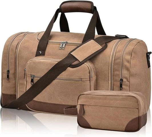 Litvyak Duffle Bag for Travel, 50L Canvas Travel Duffel Bags Overnight Weekend Gym Carry On Luggage Bag for Men & Women(Coffee+Toiletry Bag)