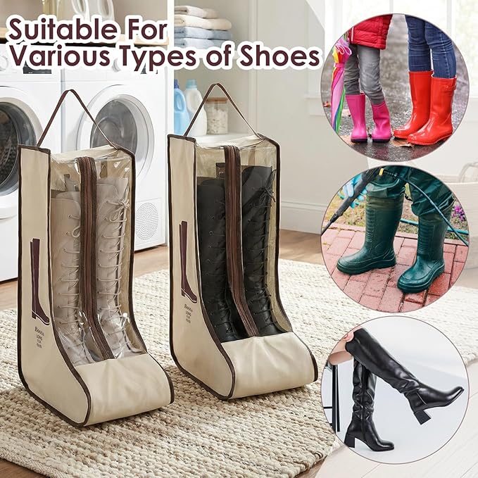 Portable Boots Storage Bag, Beige Dust Proof Boots Protector Carry Bag with Handle Shoe Dust Organizer Packing for Travel and Daily Use(Large)