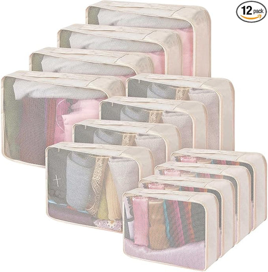 Silkfly 12 Pcs Packing Cubes for Suitcase Travel Luggage Bags Bulk Mesh Organizer Set for Hiking Camping Backpacking Clothes Accessories(Light Khaki, XL, L, M Size)