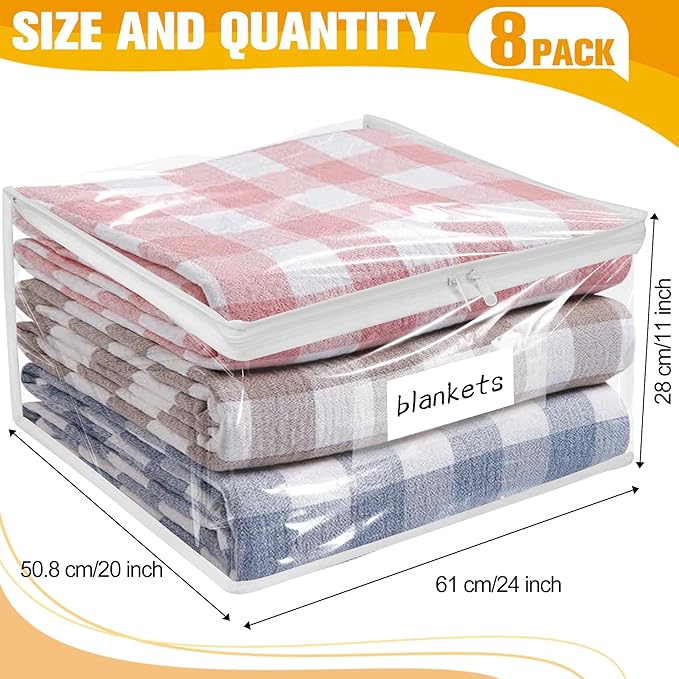 Kikerike Plastic Storage Bags with Easy-Glide Zipper, Pack of 8, Durable Clear Vinyl Zippered Storage Bags for Clothes Sweaters Comforters Blankets Sheets Bedding (24 x 20 x 11 Inch)